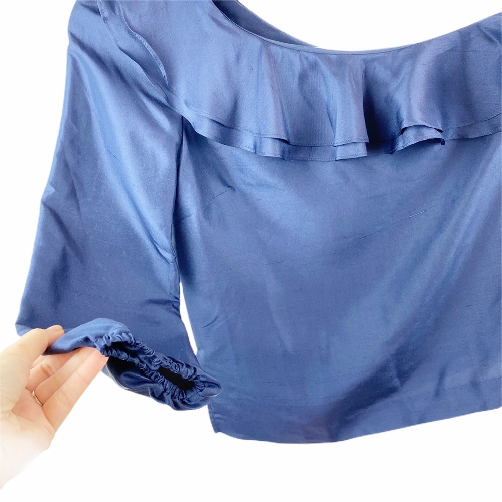 NWT JCrew Silk One Sleeve Navy Blue Ruffle Top 00 - Picture 5 of 11